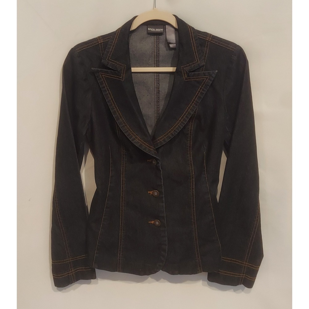 Bisou Bisou Womens Vintage Y2K Fitted Dark Wash Denim Blazer Jacket Size 8
